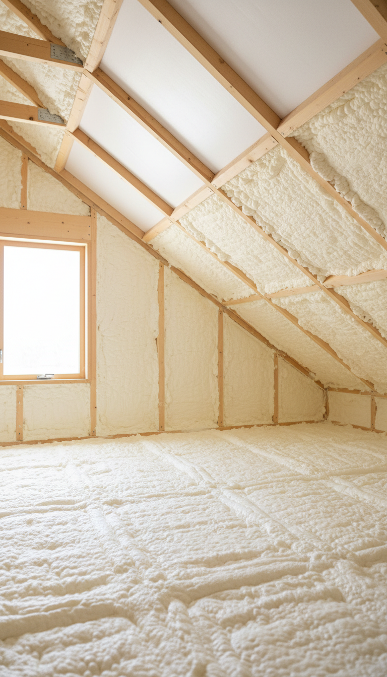A meticulously applied spray foam insulation layer with a fine, creamy texture and subtle off-white coloring, coating the interior of a modern residential attic. The foam fills every crevice between exposed wooden beams, illustrating seamless coverage and precision. The attic environment includes crisp, clean wooden rafters and light-reflecting insulation panels along the roof underside. Gentle daylight filters through a nearby window, creating soft highlights and delicate shadows that enhance the sculpted foam contours. Photographed from an eye-level perspective, the composition centers on the newly insulated space, using sharp focus throughout to capture detail. The overall mood is efficient, professional, and reassuring, with a clean and modern visual style that emphasizes quality workmanship and home energy conservation.