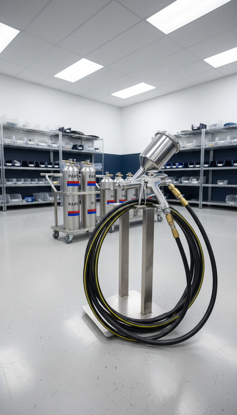 A clean, organized workspace showcasing specialty spray foam equipment, including a sleek spray gun with metallic accents, sturdy hoses, and neatly aligned canisters of insulation material. The environment is a well-lit, modern garage or workroom, with spotless, lightly textured concrete floors and subtle storage shelving in the background. Bright LED overhead lighting provides even, glare-free illumination that accentuates the equipment's professional finish and metallic sheen. Photographed from a slightly elevated, three-quarter angle, the composition displays both the functionality and craftsmanship of the tools. The mood is competent and precise, with a clean, contemporary style emphasizing reliability and attention to detail within the insulation industry.