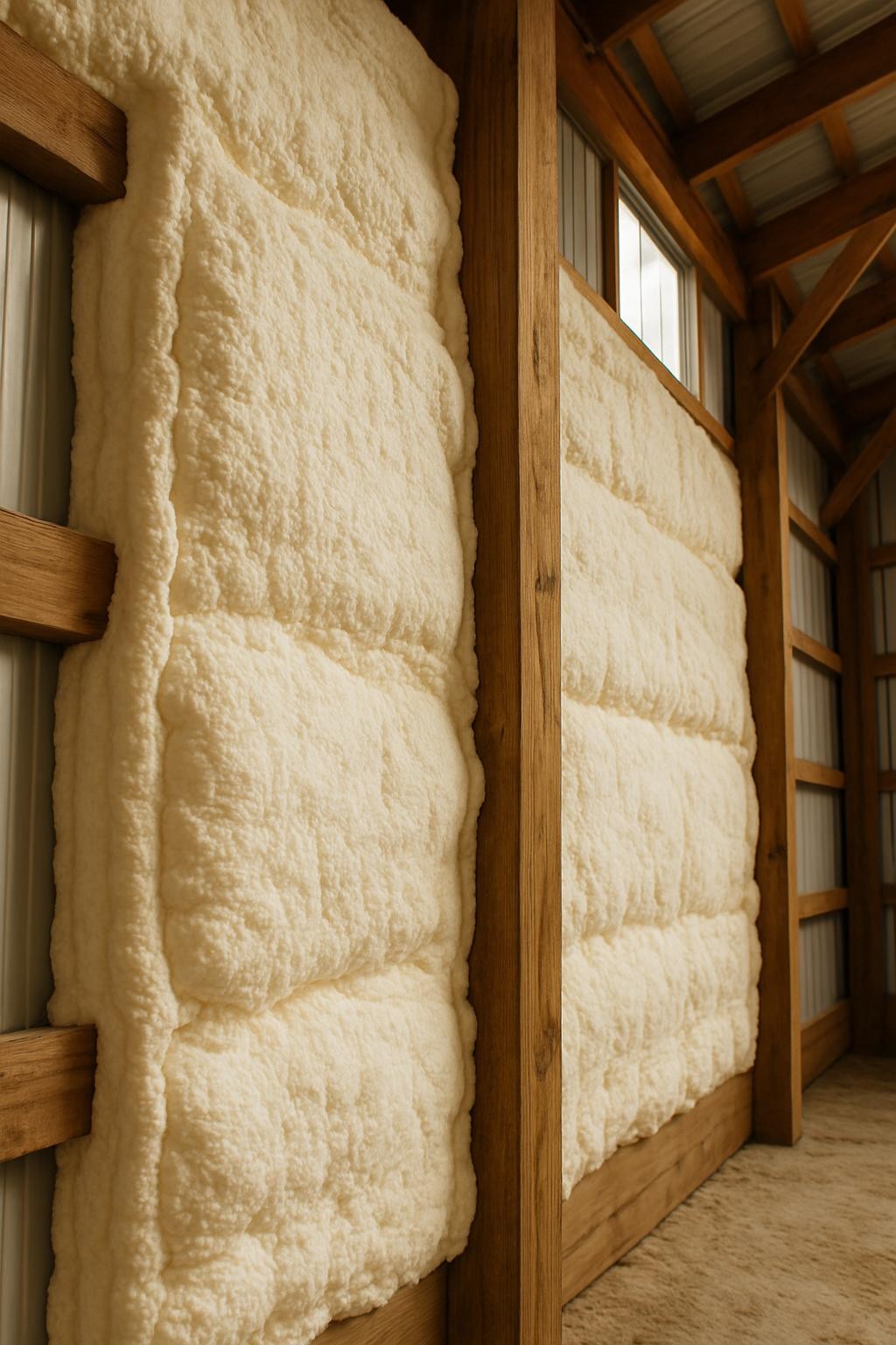 A close-up view of dense, professionally installed spray foam insulation enveloping the interior frame of a pole barn. The foam’s texture is smooth yet subtly uneven, showcasing its expansiveness against rich natural wood posts and metal sheathing in the background. The environment is a spacious agricultural outbuilding, with indirect daylight streaming through high windows, casting soft, ambient shadows and catching on the foam’s gentle ridges. Captured from a slightly upward angle, the framing highlights the contrast between the foam’s creamy color and the deep, rustic tones of lumber and steel. The atmosphere is robust and dependable, with a realistic, clean aesthetic that underscores modern insulation technology in rural settings.